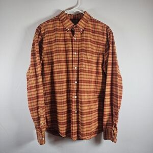 LL Bean Signature Men's Orange Plaid Button Down Shirt Large Slim Fit